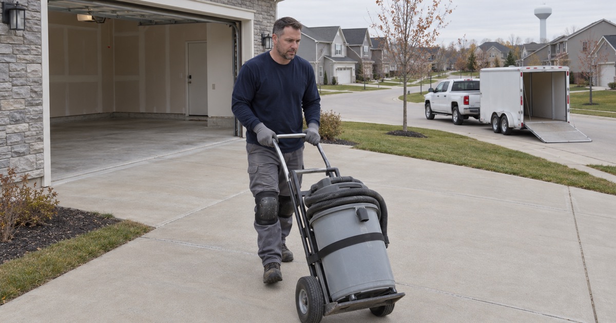 A floor crew member wheeling a dust extractor up the driveway of an Ankeny home on the first morning of a garage floor job.