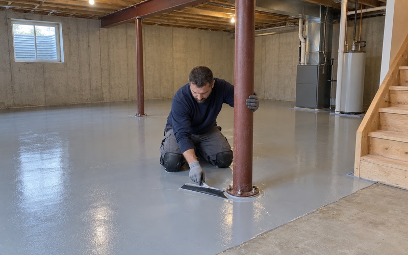 A light gray epoxy coat squeegeed across a new Ankeny basement slab around the steel support columns.