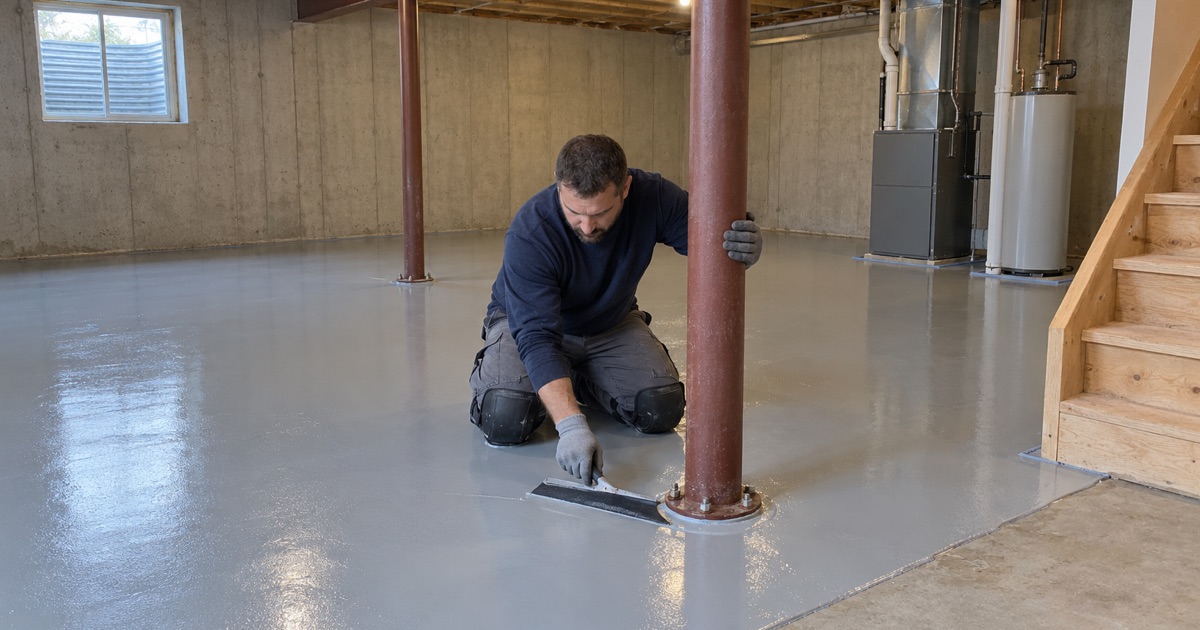A light gray epoxy coat squeegeed across a new Ankeny basement slab around the steel support columns.