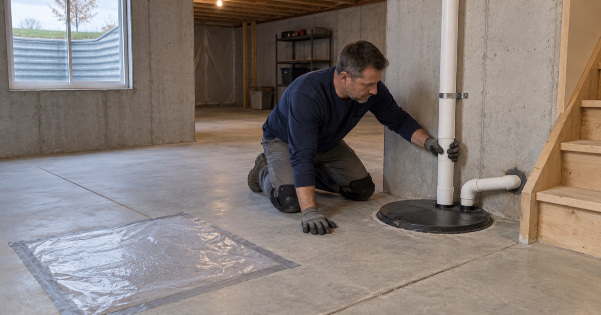 A sealed sump lid with a white radon vent pipe in a new Ankeny basement, a taped plastic sheet moisture test on the bare slab beside it.