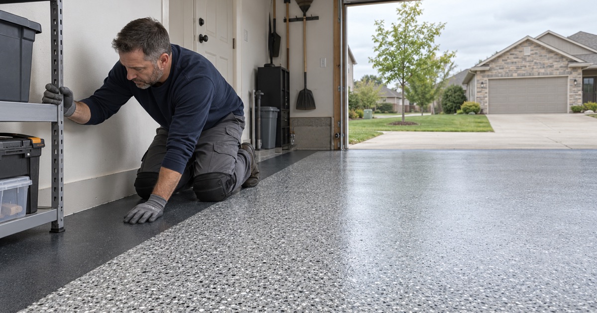 A finished Ankeny garage floor with a gray and white flake field framed by a solid charcoal border band along the walls.