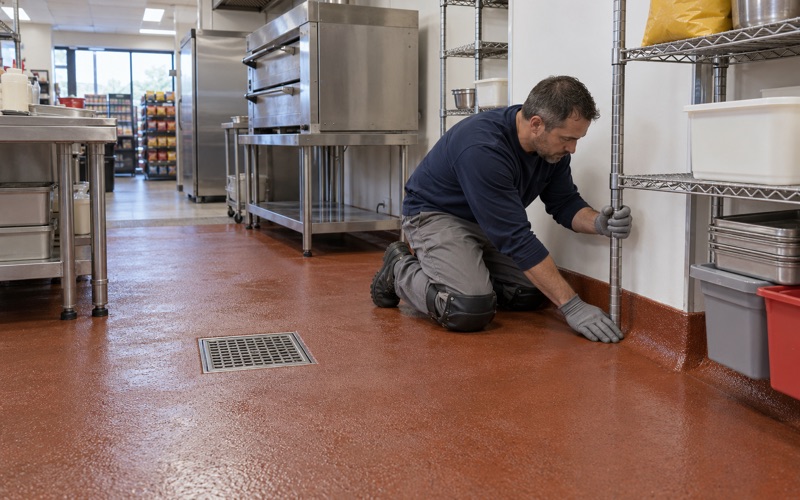 A textured urethane cement floor with an integral cove and a floor drain in the kitchen of an Ankeny convenience store.