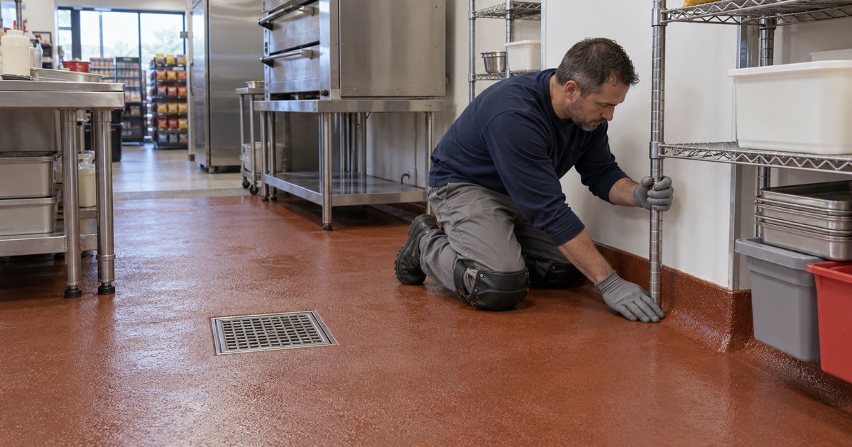 A textured urethane cement floor with an integral cove and a floor drain in the kitchen of an Ankeny convenience store.