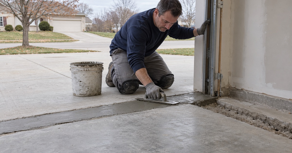 A spalled garage slab edge at the door of an Ankeny home rebuilt with repair mortar before the floor is coated.