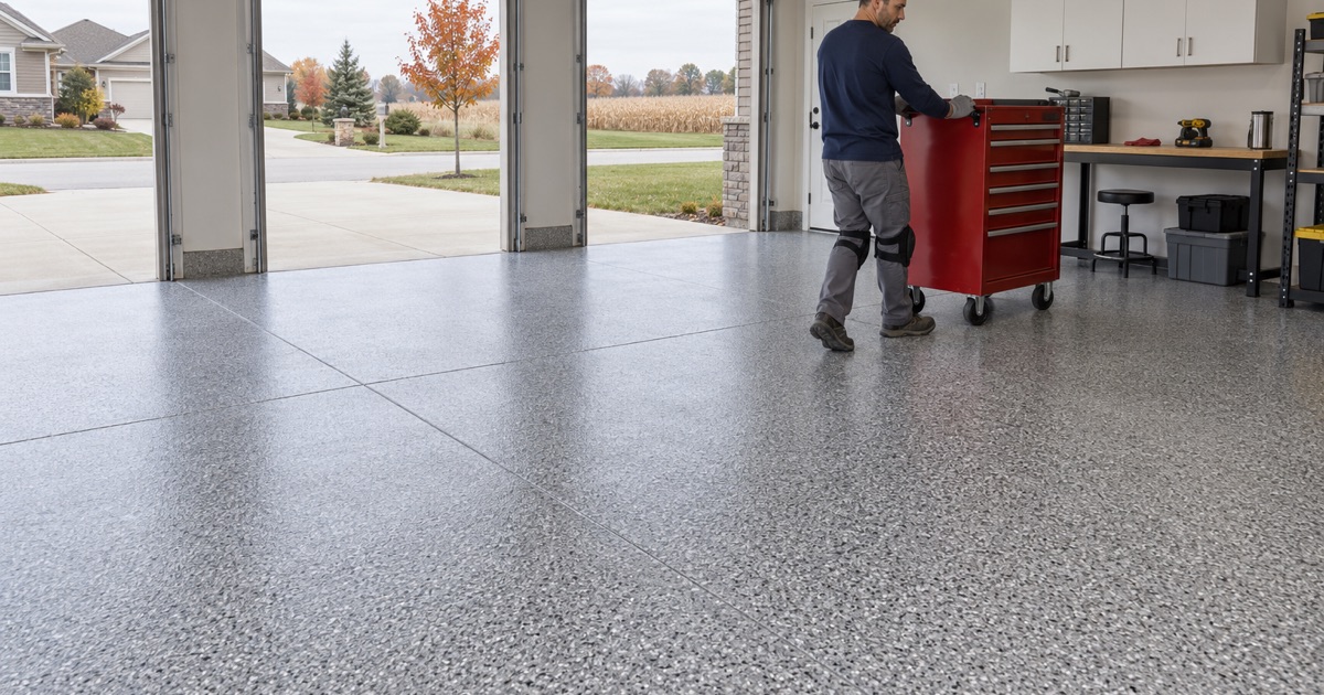 A finished gray and black flake floor in the attached three-car garage of a newer Ankeny two-story, a red tool chest rolled back into place.