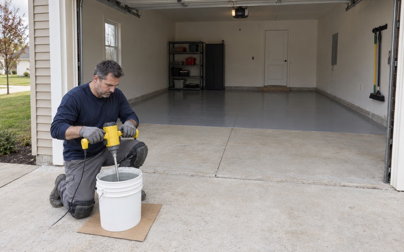 Epoxy being mixed on the driveway apron of an Ankeny garage, the first coat already laid across the ground slab behind.