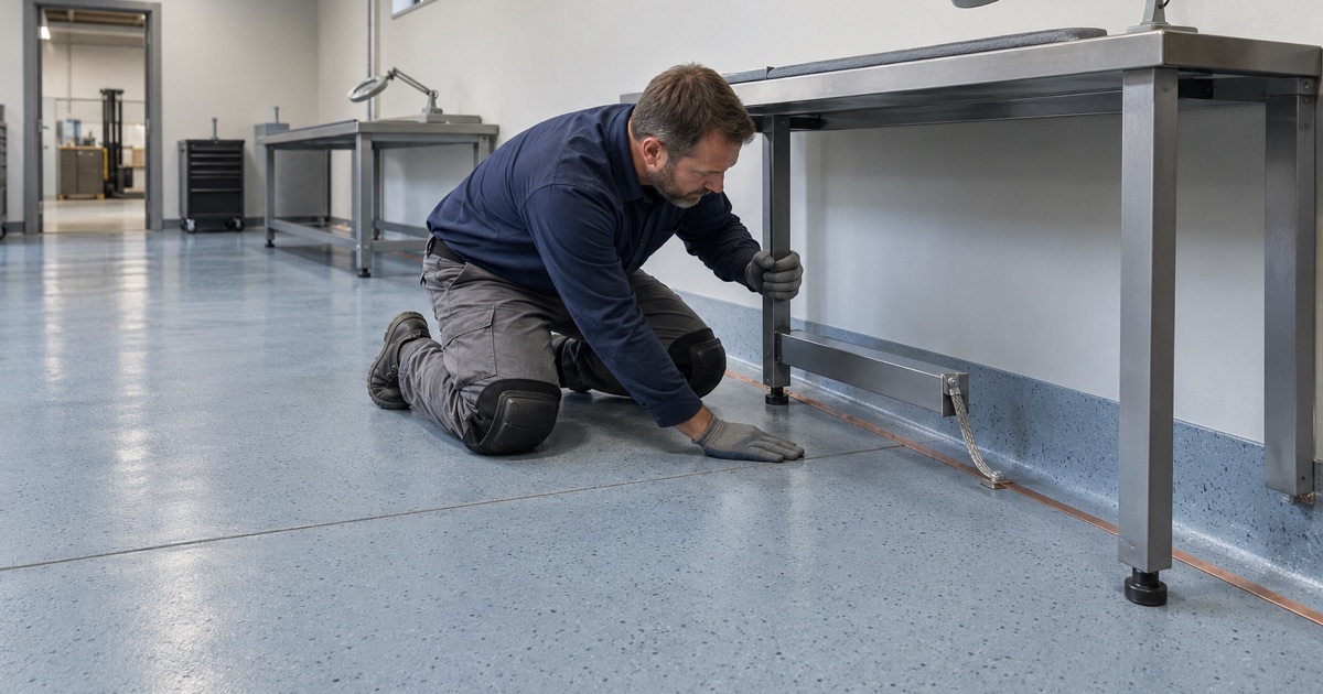 A static-dissipative floor with a copper ground strip under a micro-molding inspection bench in an Ankeny plant.