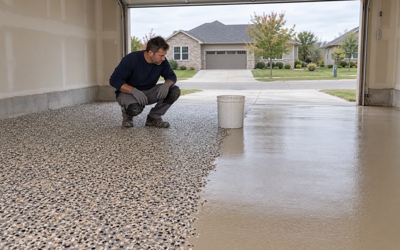 A dense gray, tan and black flake broadcast settled across half of an Ankeny garage floor, the base coat still showing beyond the edge.