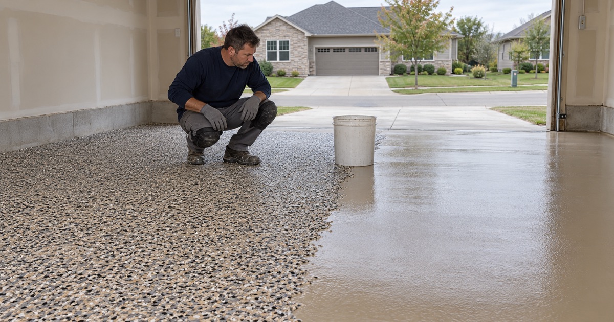 A dense gray, tan and black flake broadcast settled across half of an Ankeny garage floor, the base coat still showing beyond the edge.