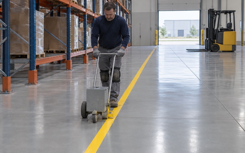 A safety-yellow aisle line being laid on a new heavy-build epoxy floor in an Ankeny distribution warehouse.