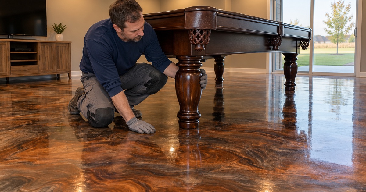 A copper and bronze metallic epoxy floor under a pool table in the walkout lower level of an Ankeny home.