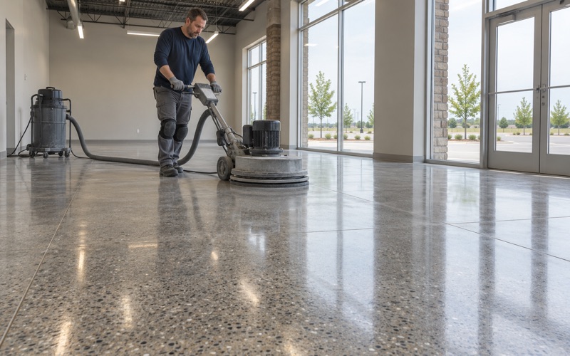 A satin polished concrete floor showing fine aggregate in a new retail space in Ankeny, a walk-behind polisher making its last pass.