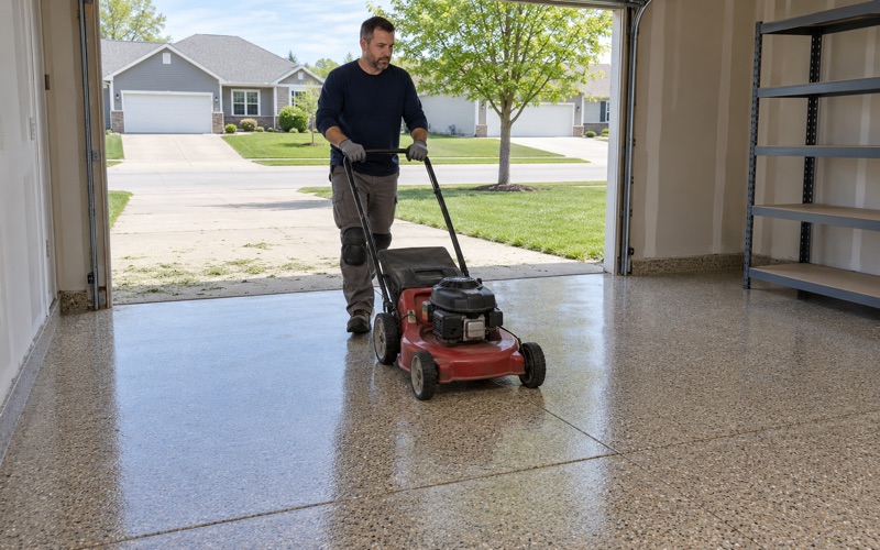 A lawn mower wheeled back onto a same-day polyaspartic flake floor in an Ankeny ranch house garage.