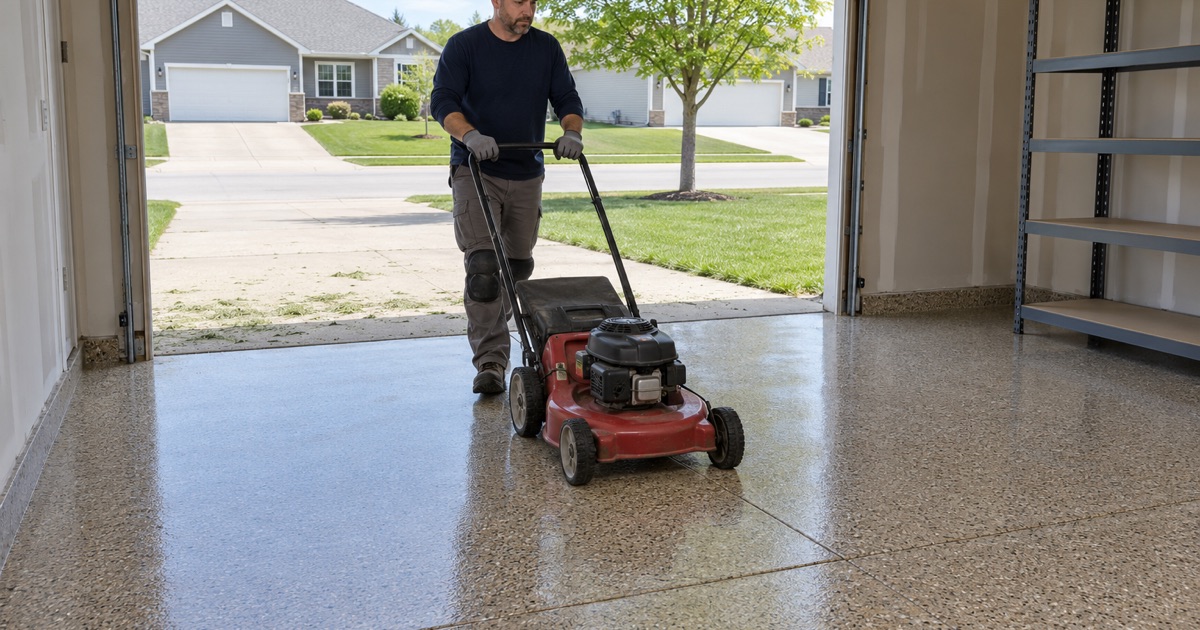 A lawn mower wheeled back onto a same-day polyaspartic flake floor in an Ankeny ranch house garage.