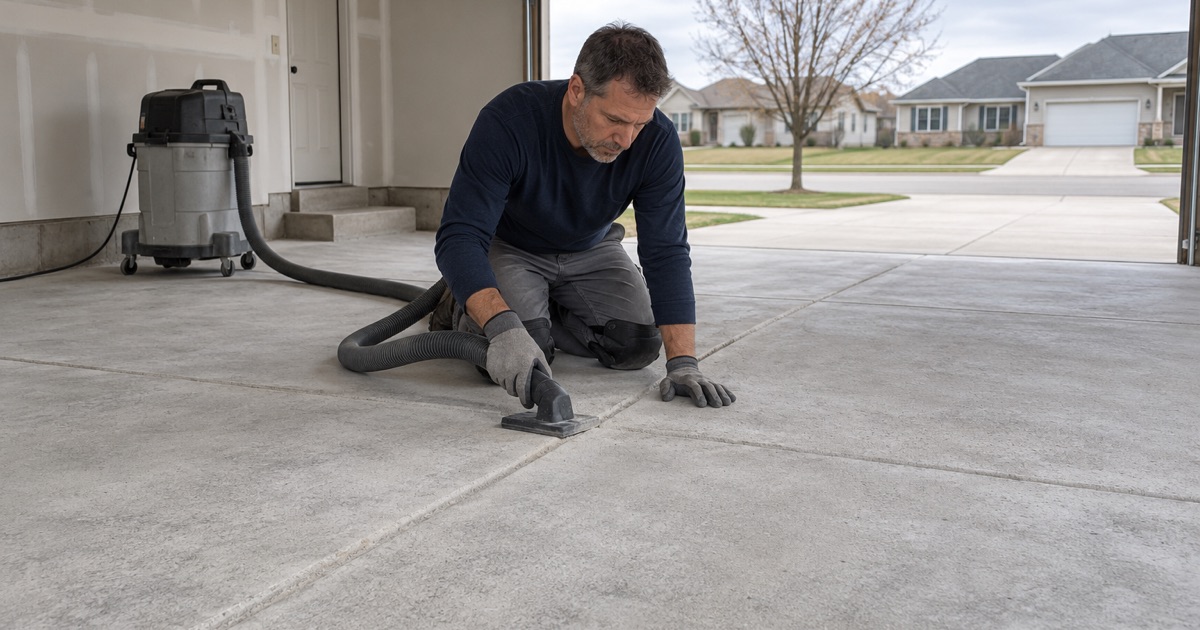 Grinding dust vacuumed out of the saw-cut joints of an Ankeny garage slab before the first coat goes down.