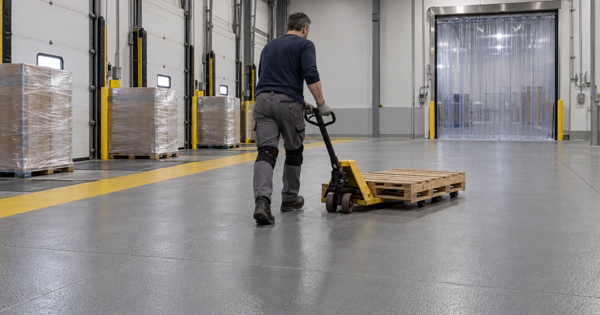 A urethane cement dock floor running to the insulated freezer door of an Ankeny cold storage warehouse, a pallet jack crossing it.